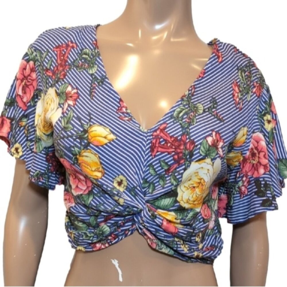 3/$20 Starlette Blue Floral V-Neck Flutter Sleeve Crop Top Striped Twist Front